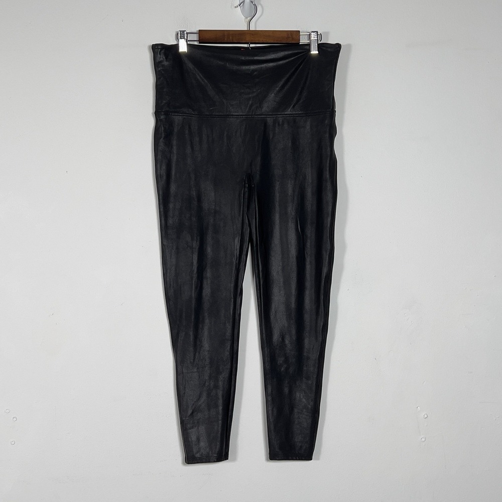 Spanx Faux Leather Leggings Womens Sz 2X Petite  Black Pull On Shaping Waistband